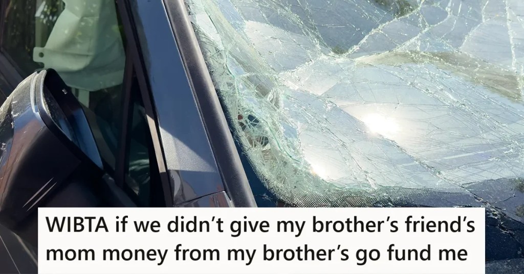 A wrecked car with a caption that reads "AITA for expecting cousin to reimburse for flight and hotel when she uninvited me from wedding due to the bad behavior of relatives"