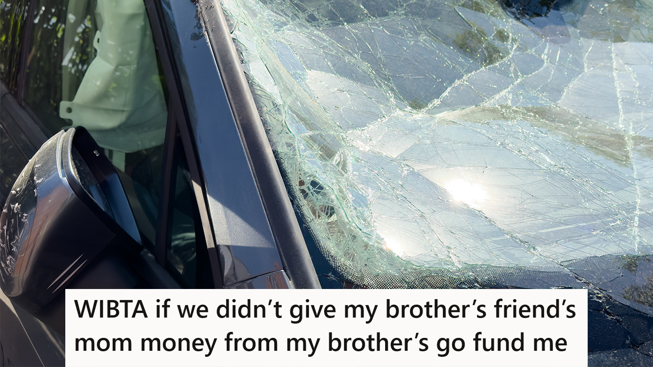 A wrecked car with a caption that reads "AITA for expecting cousin to reimburse for flight and hotel when she uninvited me from wedding due to the bad behavior of relatives"