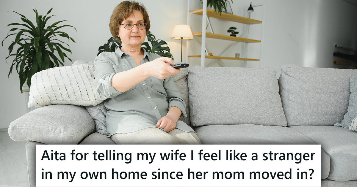 A woman on a couch with a caption that reads "Aita for telling my wife I feel like a stranger in my own home since her mom moved in?"