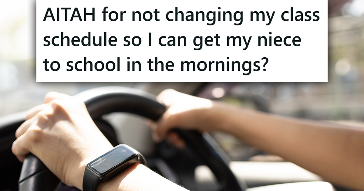 Shes Being Asked To Give Up Her Mornings To Get To Her Niece To A New School, And Wonders If Shes Selfish If She Says No Hands on a steering wheel with a caption that reads "AITAH for not changing my class schedule so I can get my niece to school in the mornings?"