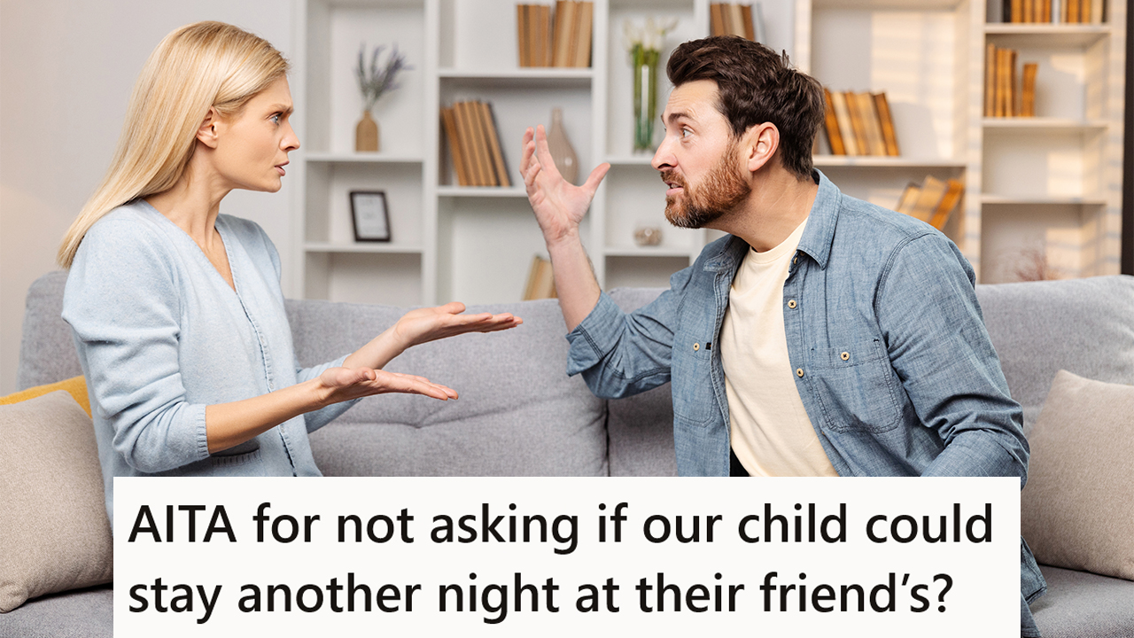 A couple arguing with the text "AITA for not asking if our child could stay another night at their friend's?"