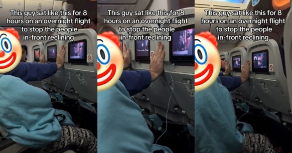 Man pressing arms against the row of seats in front of him