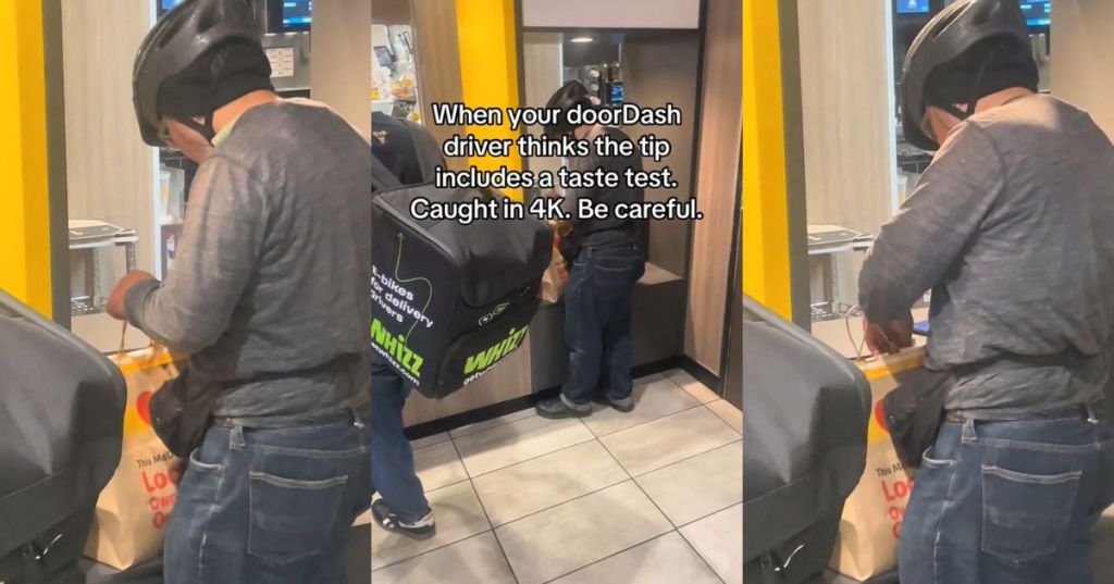 A DoorDash driver taking fries from a bag