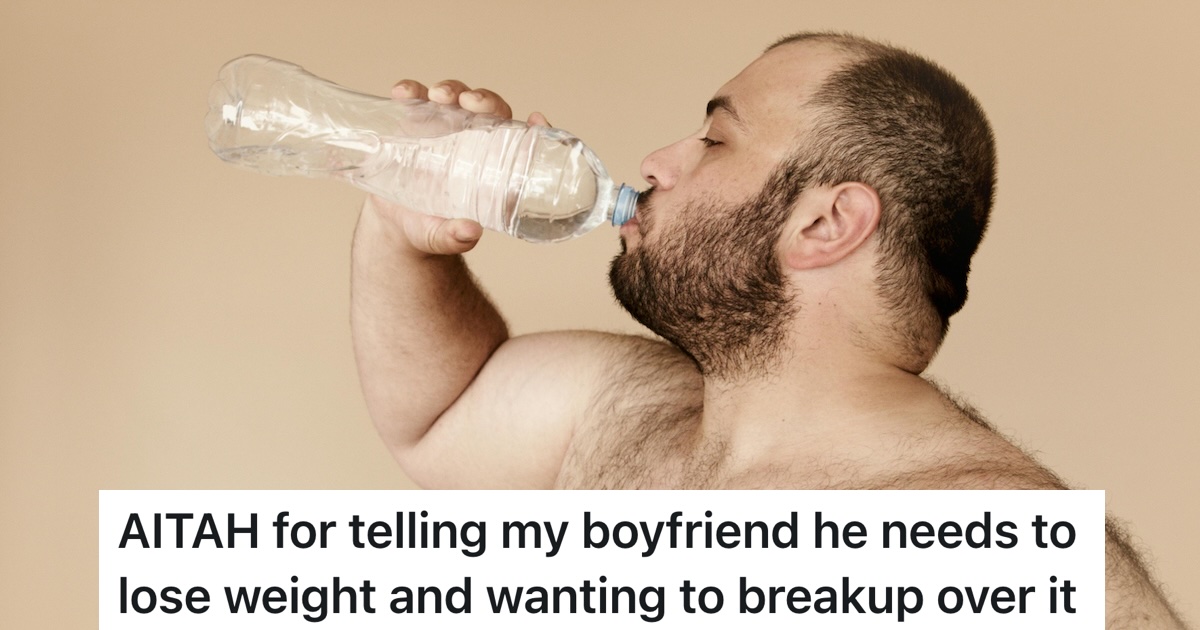 overweight man drinking water