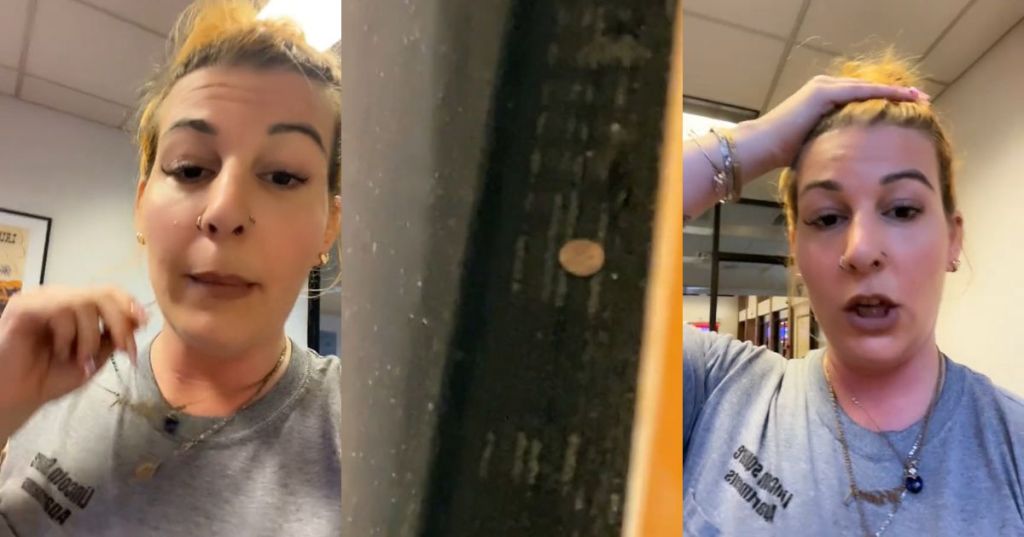 A woman cleaning up at a bank