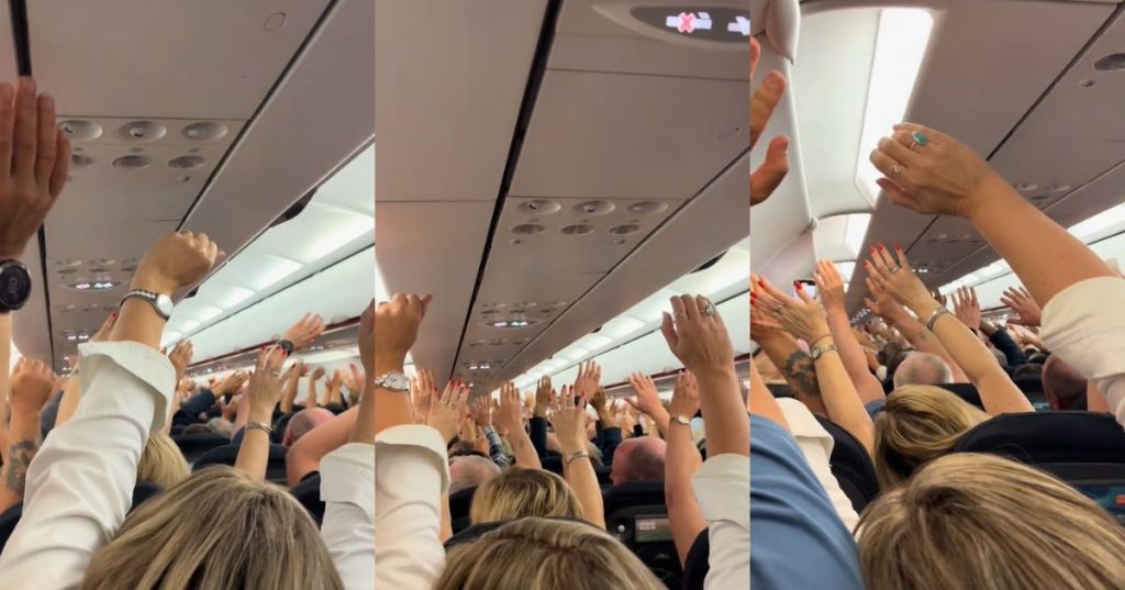 Passengers stretching on a plane