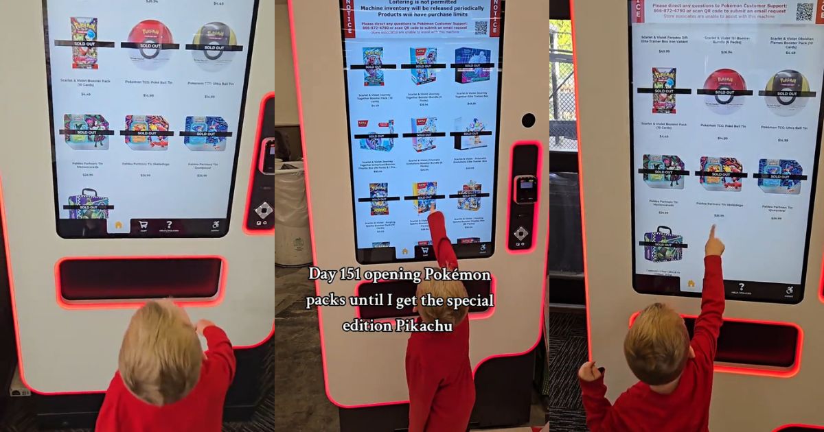 A father and son hunting for Pokemon card packs