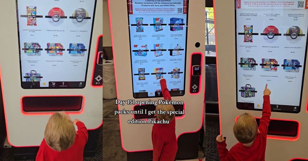 A father and son hunting for Pokemon card packs