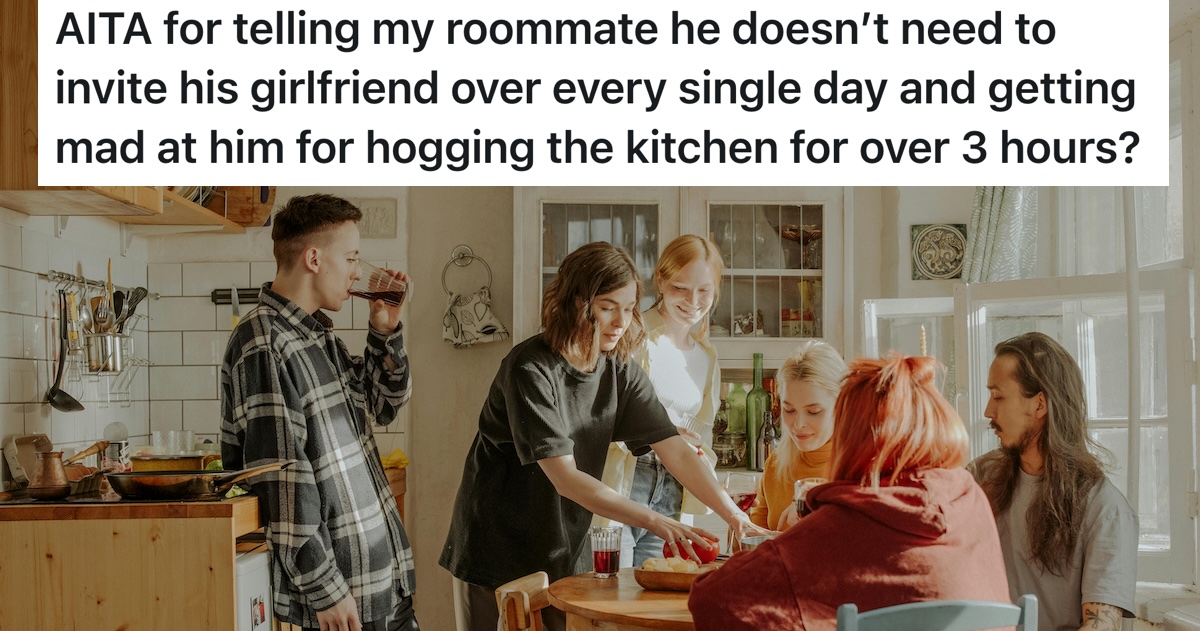 Roommate’s Girlfriend Is There Every Day, So He Takes Over the Kitchen for 3 Hours bunch of roommates gathered in the kitchen