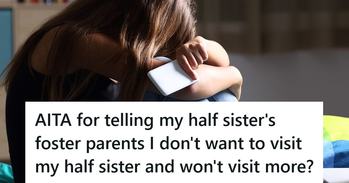 A sad girl with a caption that reads "AITA for telling my half sister's foster parents I don't want to visit my half sister and won't visit more?"