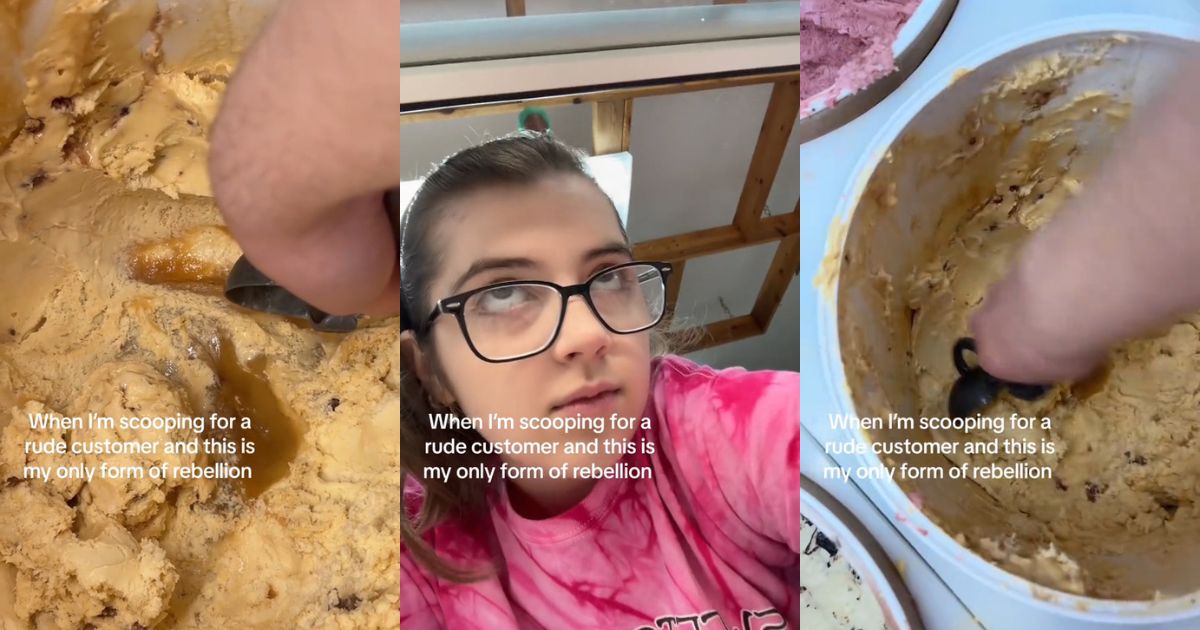 An ice cream store employee scooping behind the counter