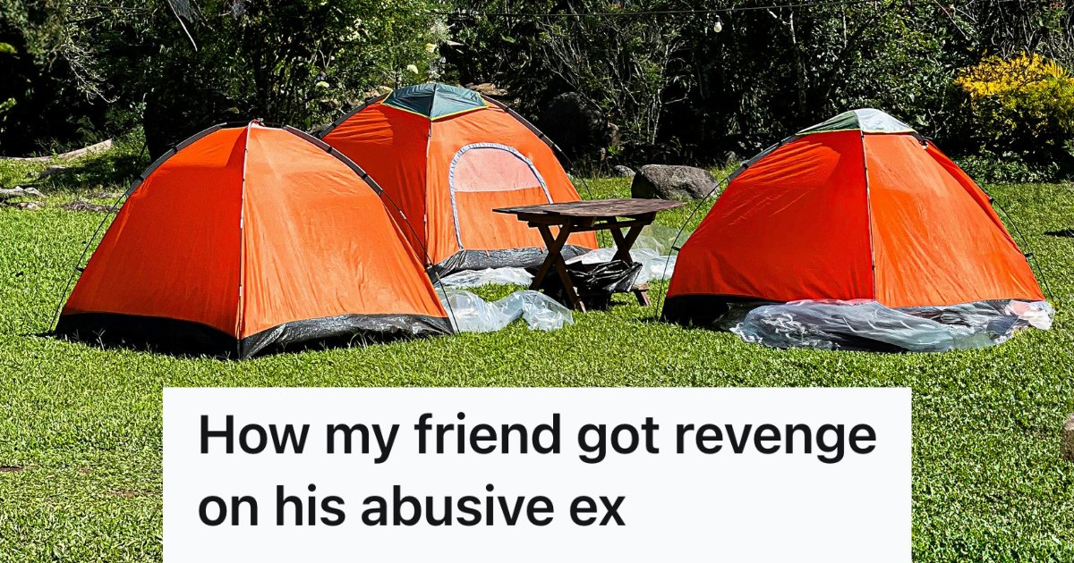 three orange tents at a campground