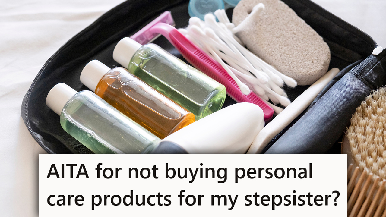 A toiletry bag with the caption "AITA for not buying personal care products for my stepsister?"