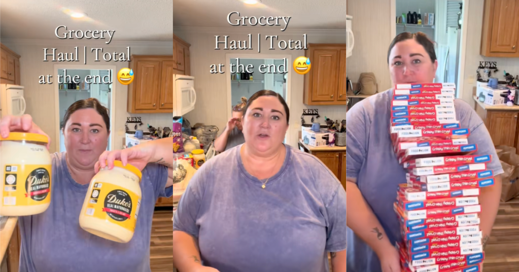 woman talking about groceries