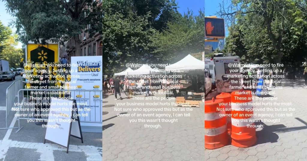 A Walmart booth set up across from a Farmer's Market