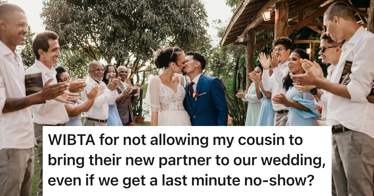 Couple Doesnt Invite Cousins Partner To Their Wedding As A Plus One, But The Cousin Is Planning To Sneak Them In Anyway Couple kissing on wedding day with guests clapping