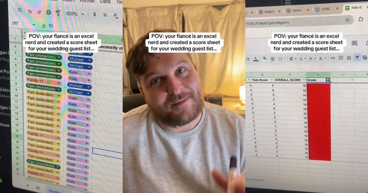 Kate's fiance going over their wedding spreadsheet
