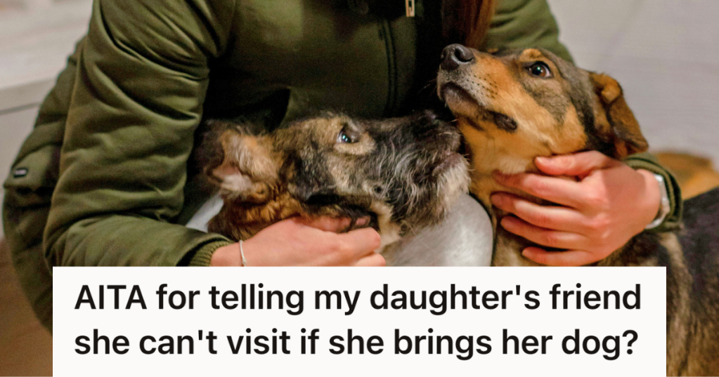 woman petting two dogs