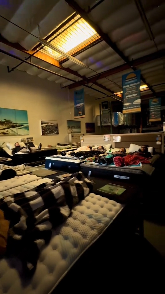 A sound bath happening in a mattress store