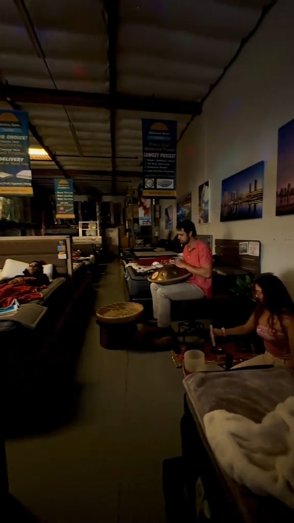 A sound bath happening in a mattress store