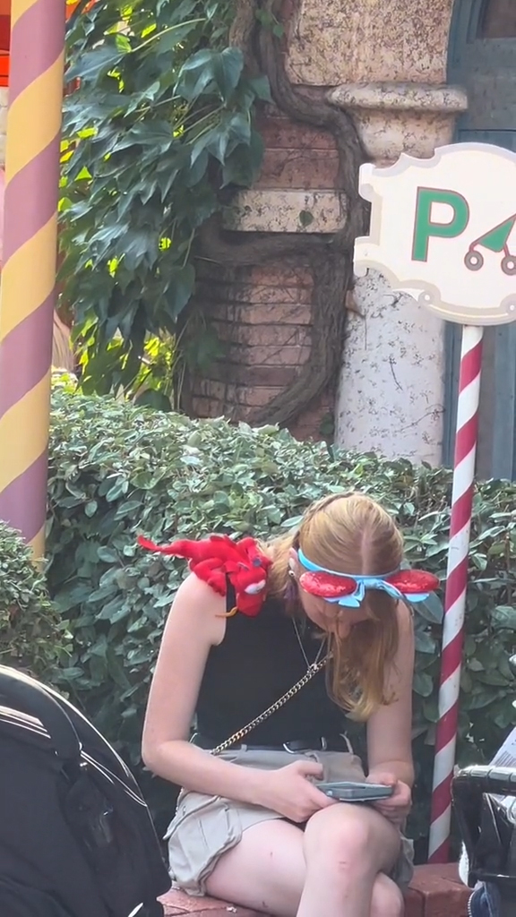 People with Disney plushies on their shoulders at Disneyland