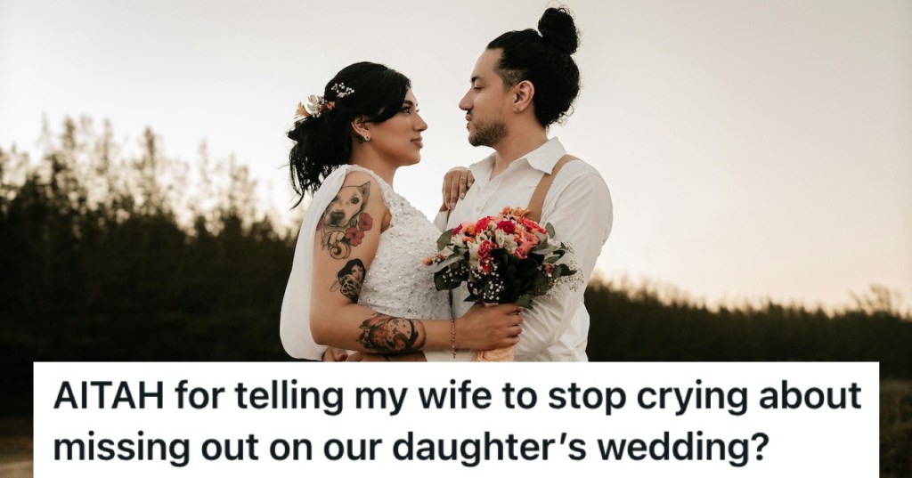 A tattooed bride and a groom with a man bun