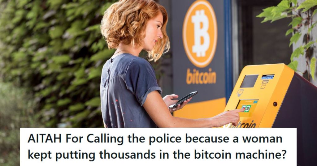 Woman with short hair putting money in a Bitcoin machine