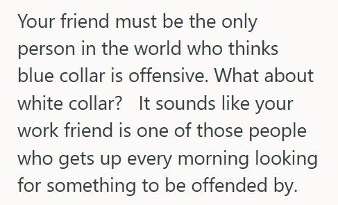 Blue Collar Accountant Tells Coworker She Wishes She Had Pursued A Blue Collar Job, But Her Coworker Takes Offense And Tells Her To Never Say That Again