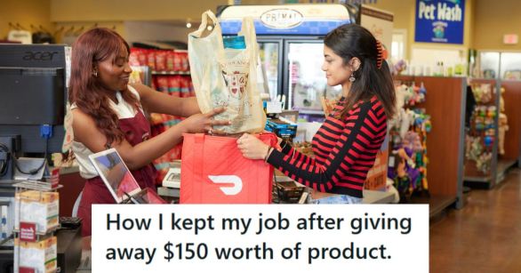 Woman cashier ringing up another woman and helping bag her groceries