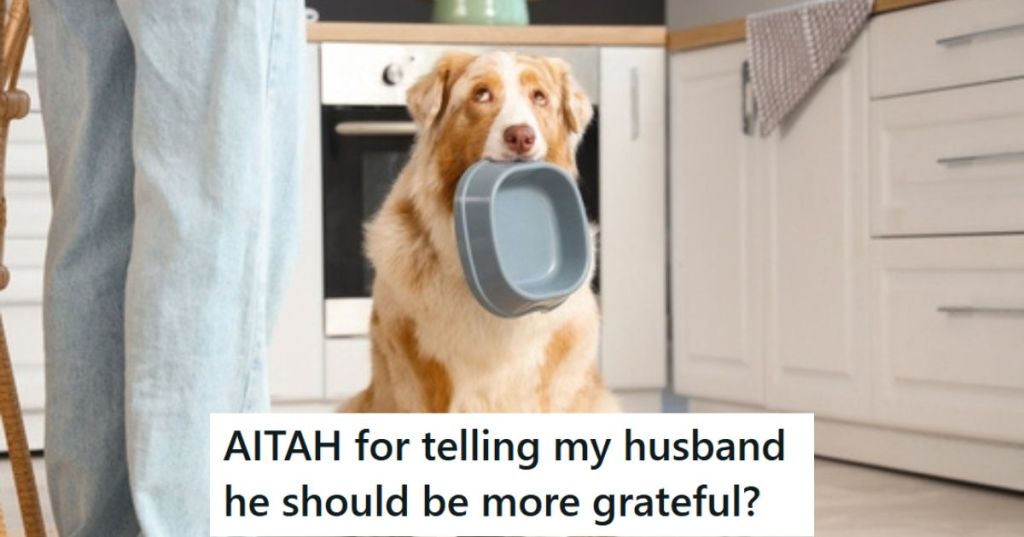 Dog holding food bowl.