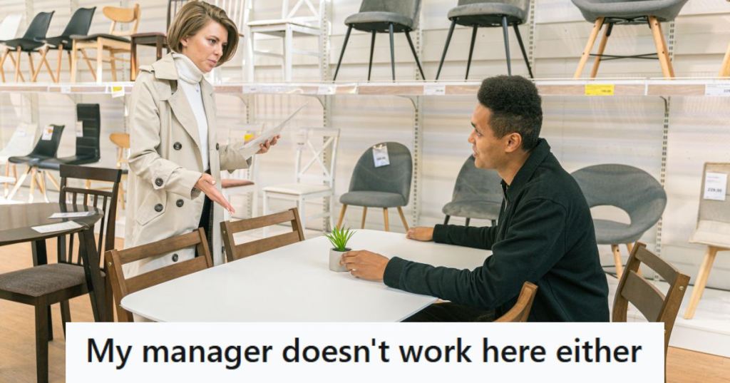 Man shopping for furniture and getting bothered by customers