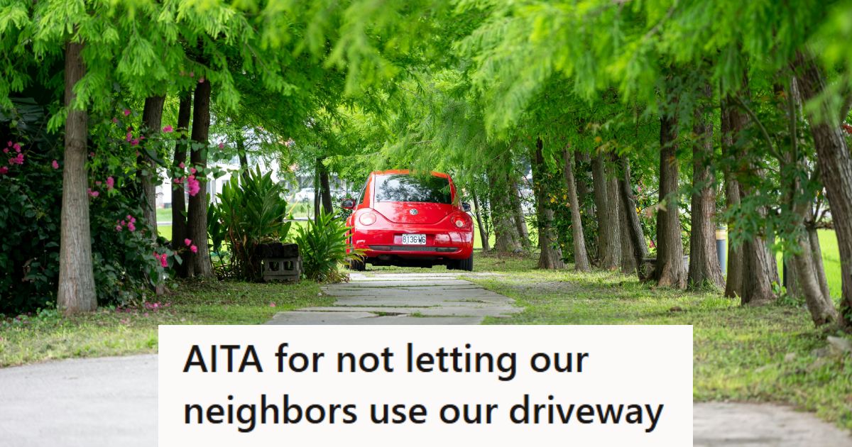 Red Volkswagen Beetle parked in a long driveway