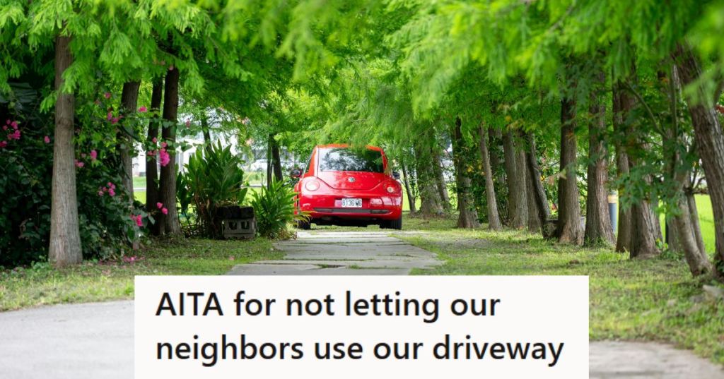 Red Volkswagen Beetle parked in a long driveway