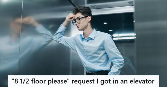 Man stressed out in an elevator with elderly women