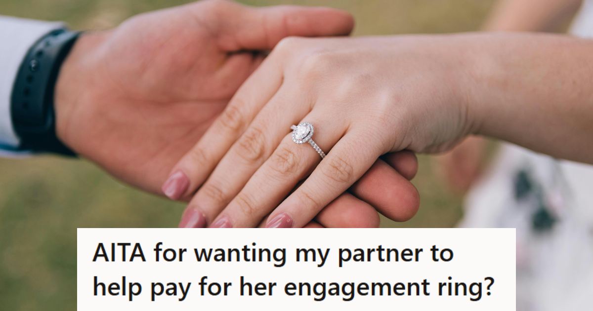 Man holding a woman's hand as she wears an engagement ring