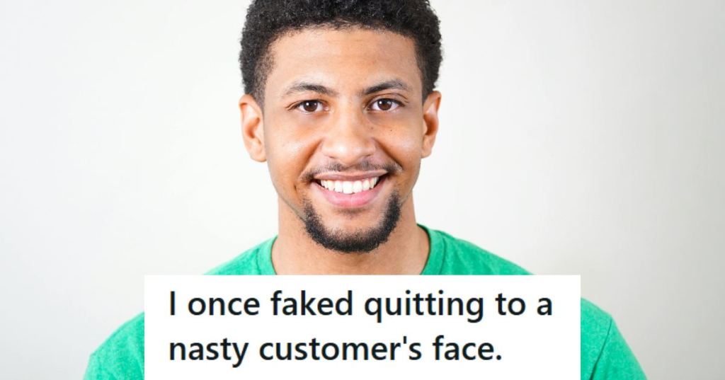 Young man smiling because he just pranked a mean customer
