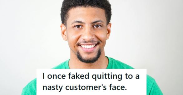 Young man smiling because he just pranked a mean customer