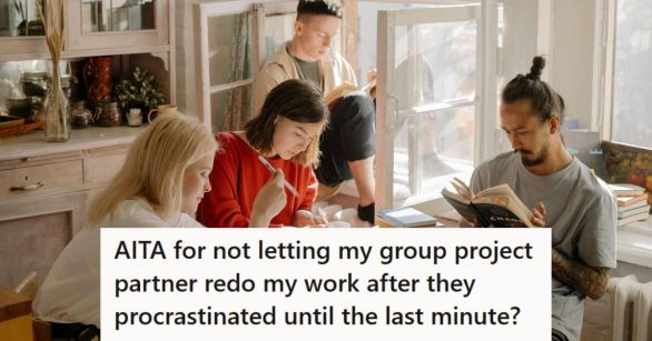 Group of college students sitting around a table completing a project