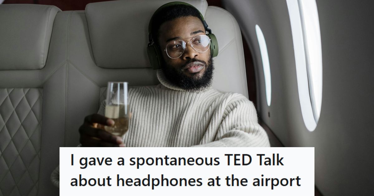 Man wearing his headphones and enjoying a glass of champagne on his flight
