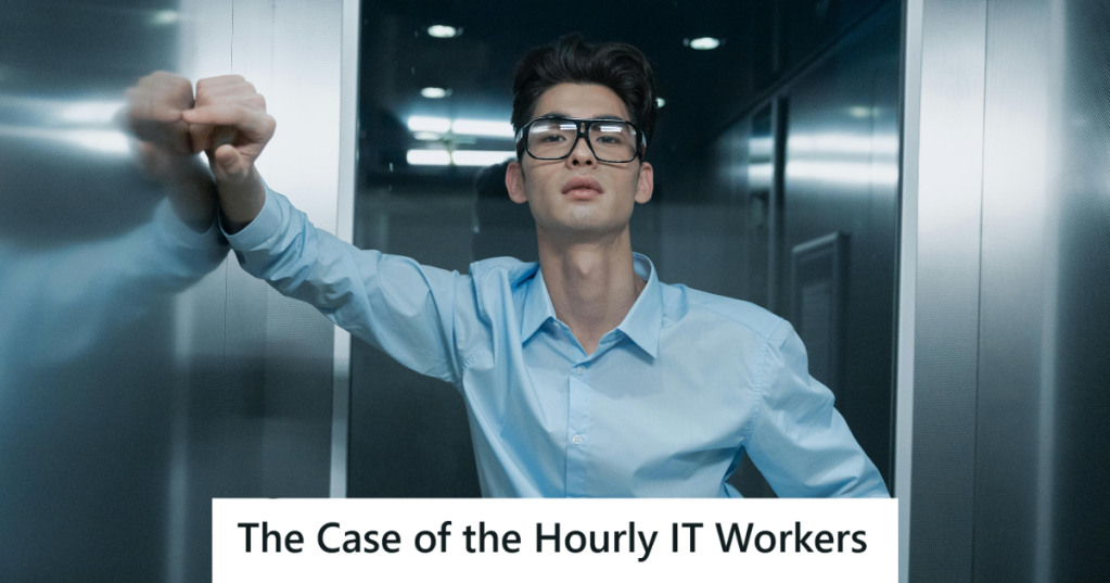 Man in blue shirt standing in an elevator