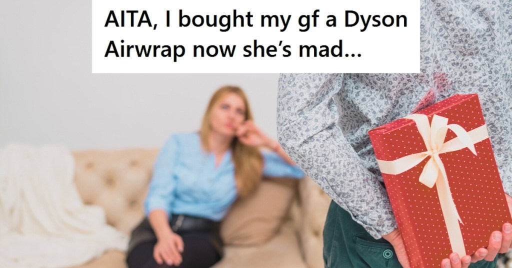 Man hiding gift from woman