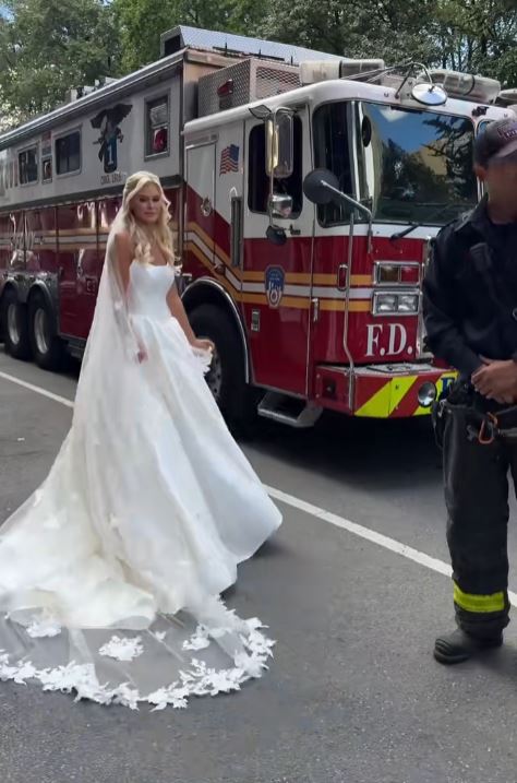 Bride in front of fire truck
