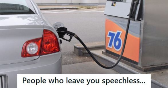 White sedan with the gas pump coming out of the tank at a 76 station