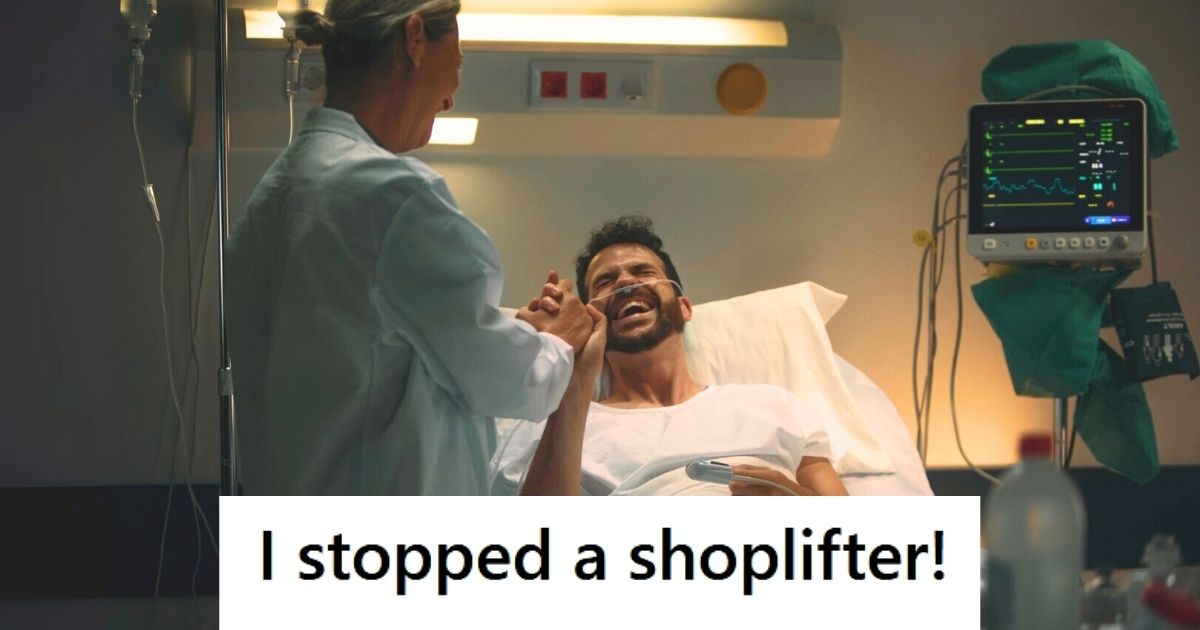 Male patient laughing with doctor at hospital