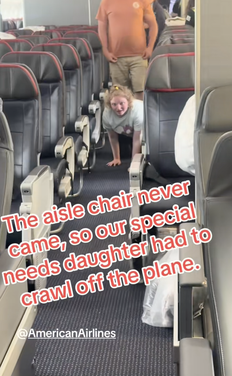 disabled woman crawling on plane