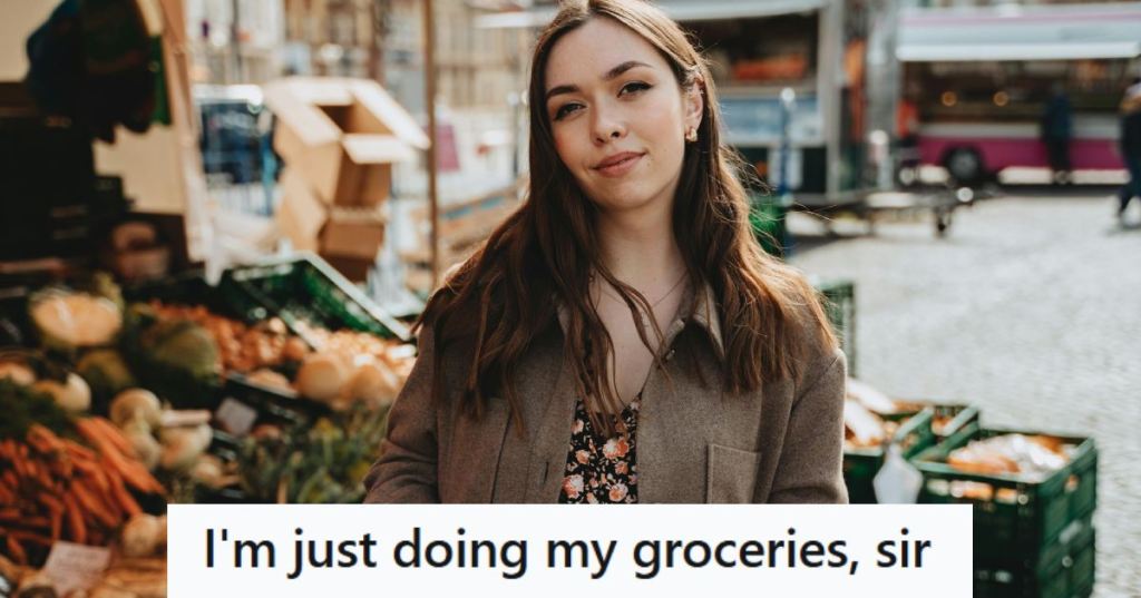 Woman standing in front of a grocery store, remembering a scary story