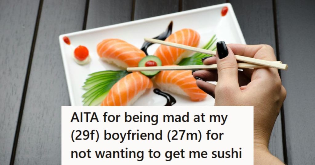 Woman eating a plate of sushi she had delivered