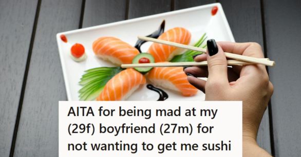 Woman eating a plate of sushi she had delivered