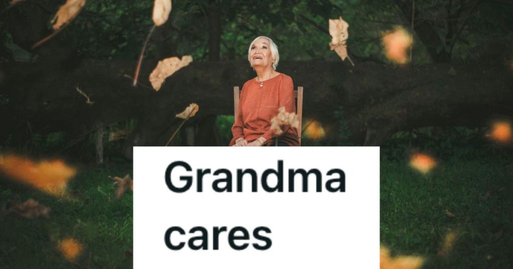 Older woman smiling as leaves fall around her