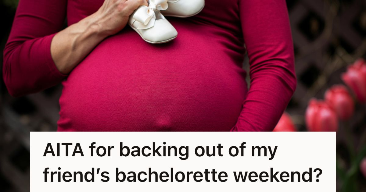 A woman holding her pregnant belly and baby shoes